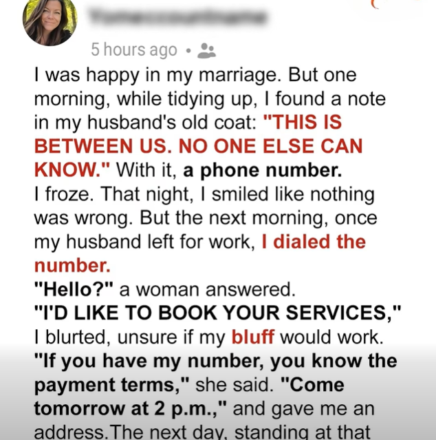 It began with something so ordinary Denton’s old jacket. I was cleaning out our closet when I slipped my hand into a pocket and found a crumpled note.